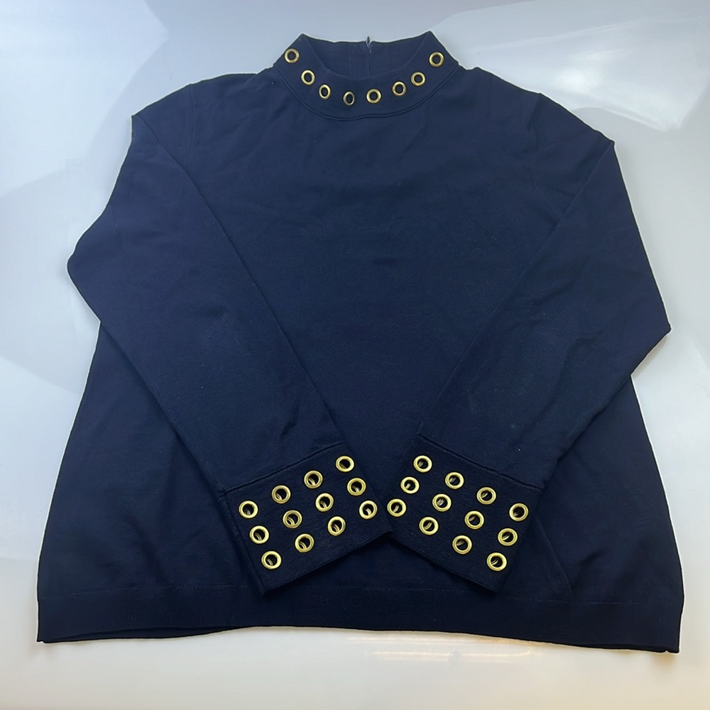 Tory Burch Navy Merino Wool Blend Top with Grommet Detail N278-5 - Picture 3 of 10